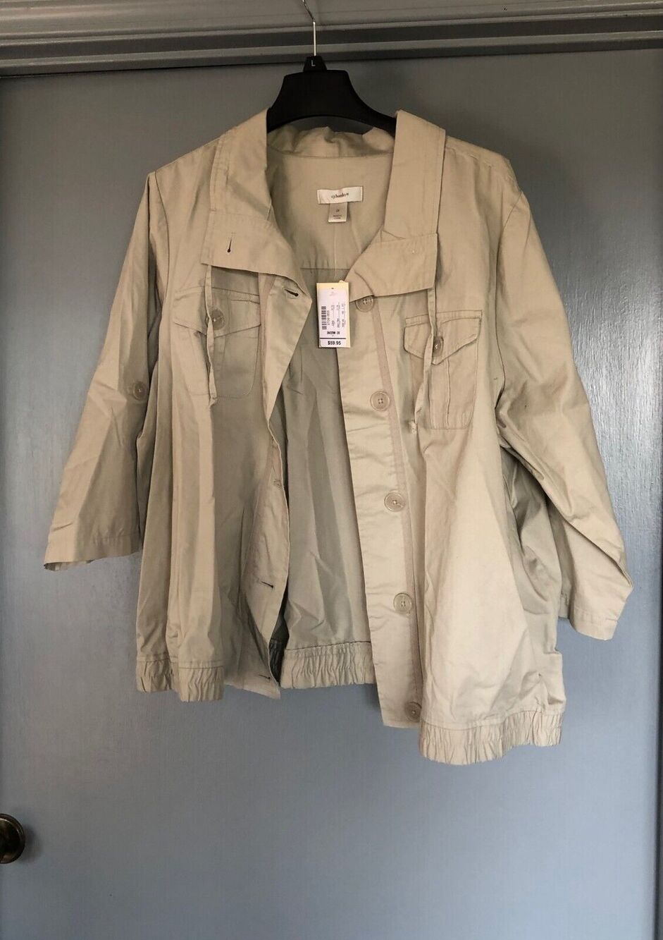 NWT CJ Banks 2x unlined khaki jacket 3/4 sleeve button front pockets 100% cotton